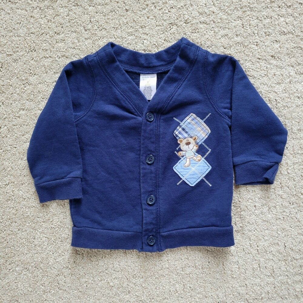 Retro Baby 12M Navy Blue Teddy Bear Boys Preppy Sweater Cardigan Fisherman VTG